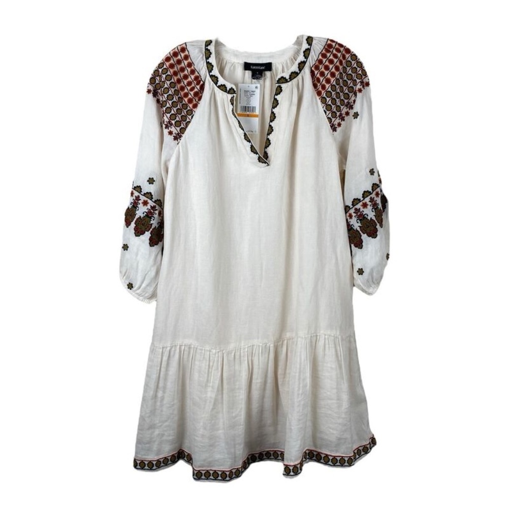 Karen Kane Dress Linen Cotton Blend Embroidered Ruffle Hem